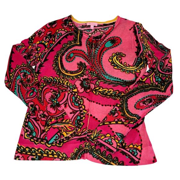 Lilly Pulitzer Paisley Cardigan Sweater Women's L | Pink Turquoise Yellow - Picture 1 of 12